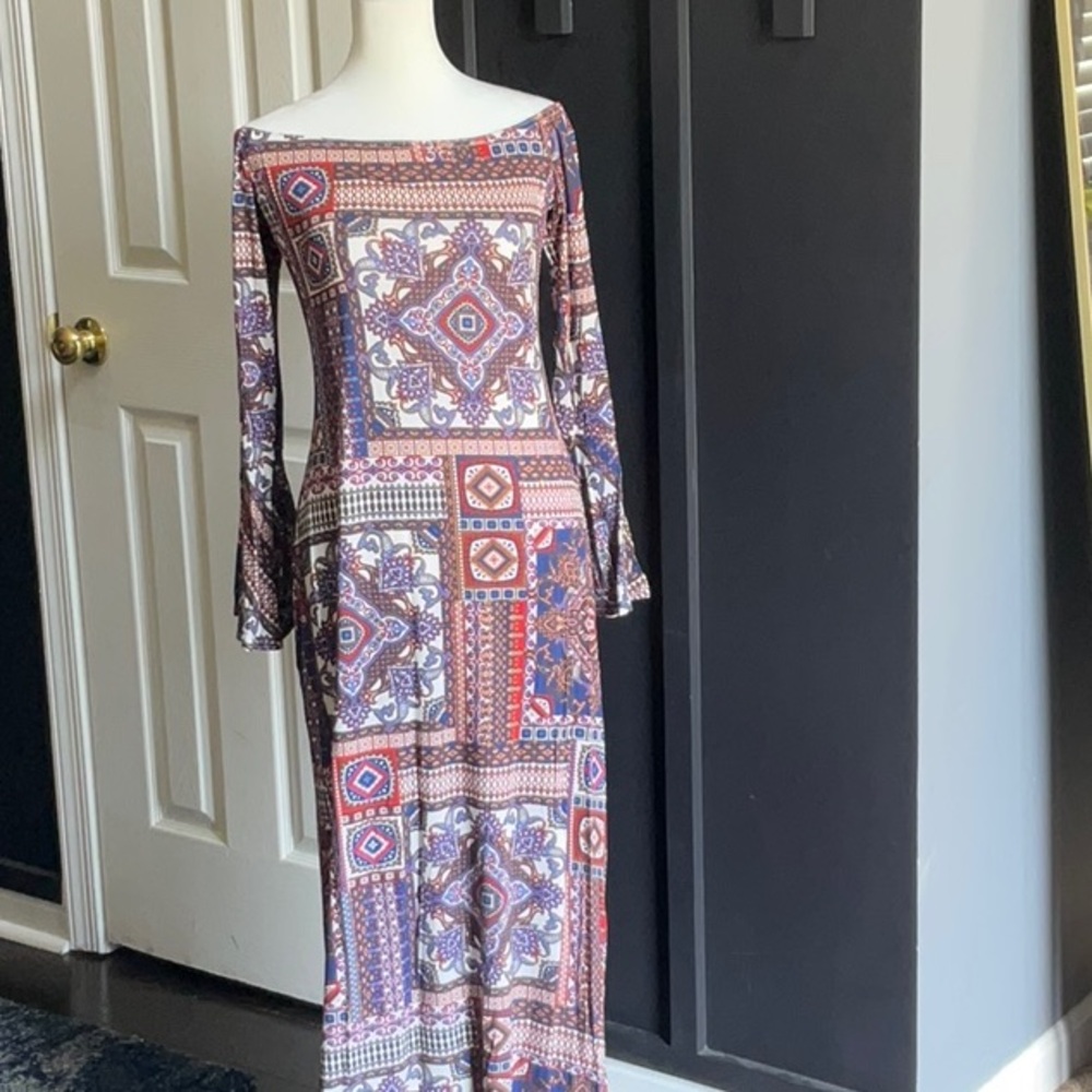 Boohoo Pink and Purple Sheath Maxi Dress with Bishop Sleeves